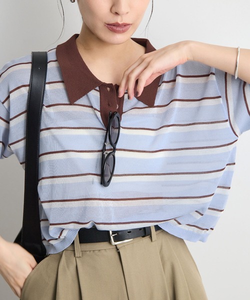 STELLA FISH(ステラフィッシュ)の「レトロに着映える。配色ボーダー半袖ポロニット / シアートップス(Tシャツ/カットソー・レディース・アイボリー/ネイビー/ブルー・FREE)」の21枚目の写真