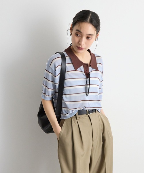 STELLA FISH(ステラフィッシュ)の「レトロに着映える。配色ボーダー半袖ポロニット / シアートップス(Tシャツ/カットソー・レディース・アイボリー/ネイビー/ブルー・FREE)」の16枚目の写真
