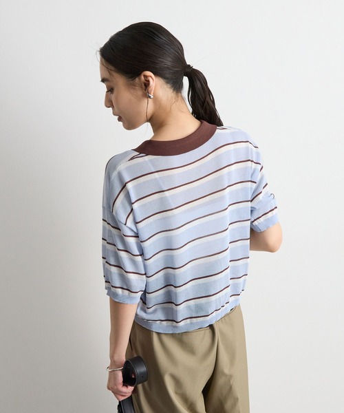 STELLA FISH(ステラフィッシュ)の「レトロに着映える。配色ボーダー半袖ポロニット / シアートップス(Tシャツ/カットソー・レディース・アイボリー/ネイビー/ブルー・FREE)」の18枚目の写真
