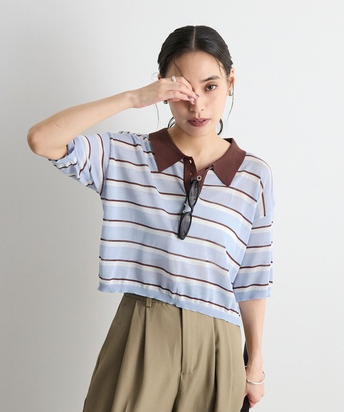 STELLA FISH(ステラフィッシュ)の「レトロに着映える。配色ボーダー半袖ポロニット / シアートップス(Tシャツ/カットソー・レディース・アイボリー/ネイビー/ブルー・FREE)」の19枚目の写真
