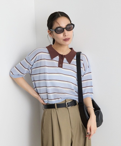 STELLA FISH(ステラフィッシュ)の「レトロに着映える。配色ボーダー半袖ポロニット / シアートップス(Tシャツ/カットソー・レディース・アイボリー/ネイビー/ブルー・FREE)」の22枚目の写真