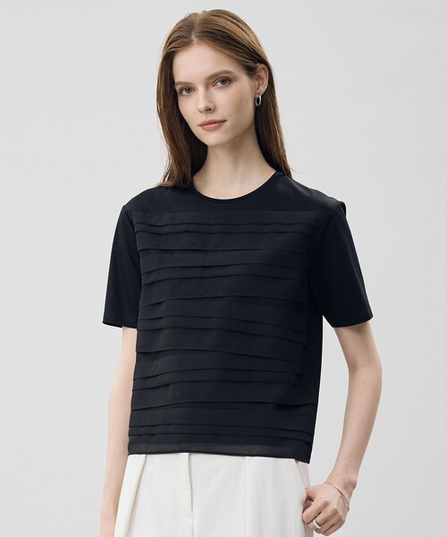 ICB(アイシービー)の「シフォンコンビ ランダムタックカットソー(Tシャツ/カットソー・レディース・ブラック系/アイボリー系・X-SMALL/SMALL/MEDIUM)」の1枚目の写真