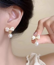 リボン×ハートビジューピアス
