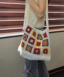 【クロシェ編み】 フラワー編み フリンジ メインバッグ / ニットバッグ ショルダーバッグ