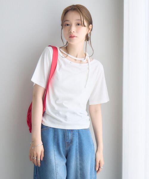 RETRO GIRL（レトロガール）の「ネックリボン半袖カットソー（Tシャツ/カットソー・レディース・オフホワイト/ライトグレー/ブラック・FREE）」の4枚目の写真