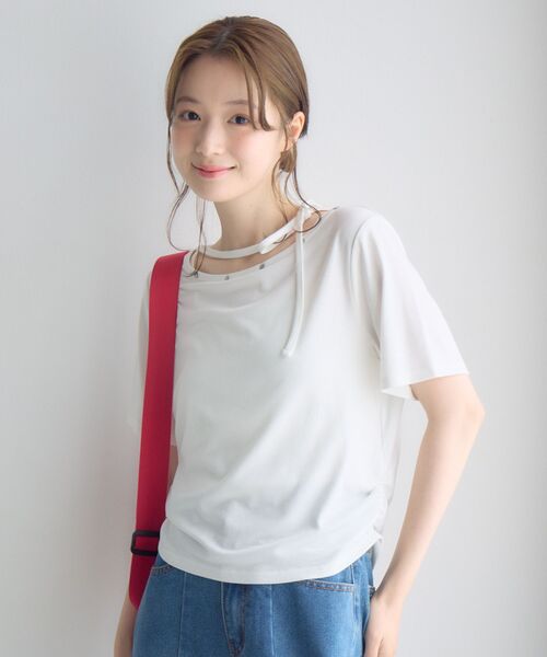 RETRO GIRL（レトロガール）の「ネックリボン半袖カットソー（Tシャツ/カットソー・レディース・オフホワイト/ライトグレー/ブラック・FREE）」の5枚目の写真