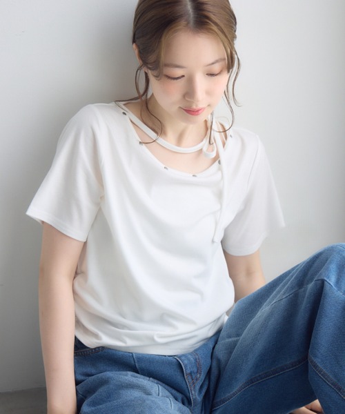 RETRO GIRL（レトロガール）の「ネックリボン半袖カットソー（Tシャツ/カットソー・レディース・オフホワイト/ライトグレー/ブラック・FREE）」の2枚目の写真