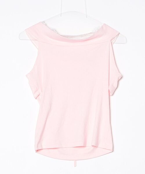 FREE STYLISTS(フリー スタイリスト)の「可愛い レース ピンクリボン オフショルダー フィット Tシャツ 旅行 普段着に(Tシャツ/カットソー・レディース・ピンク・L/S/M)」の4枚目の写真