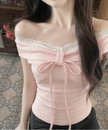 可愛い  レース ピンクリボン オフショルダー フィット Tシャツ 旅行 普段着に