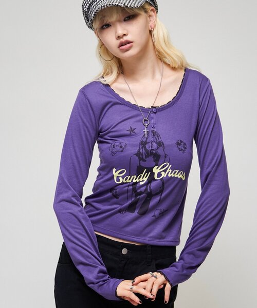 WHO'S WHO gallery(フーズフーギャラリー)の「シャーロットシアーヘンリー(Tシャツ/カットソー・レディース・パープル/チャコールグレー/ピンク/イエロー・FREE)」の2枚目の写真