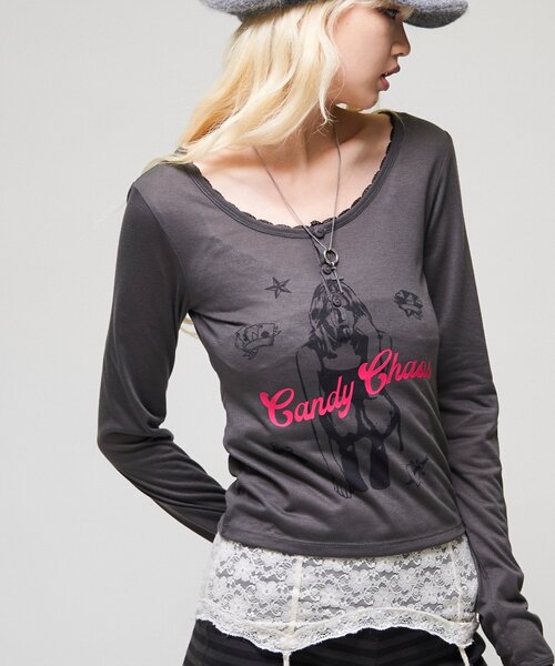 WHO'S WHO gallery(フーズフーギャラリー)の「シャーロットシアーヘンリー(Tシャツ/カットソー・レディース・パープル/チャコールグレー/ピンク/イエロー・FREE)」の1枚目の写真