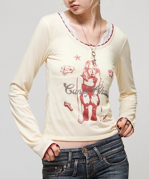 WHO'S WHO gallery(フーズフーギャラリー)の「シャーロットシアーヘンリー(Tシャツ/カットソー・レディース・パープル/チャコールグレー/ピンク/イエロー・FREE)」の3枚目の写真