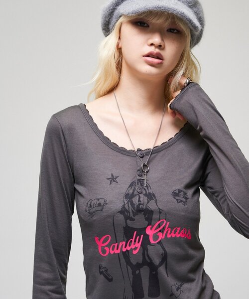 WHO'S WHO gallery(フーズフーギャラリー)の「シャーロットシアーヘンリー(Tシャツ/カットソー・レディース・パープル/チャコールグレー/ピンク/イエロー・FREE)」の5枚目の写真