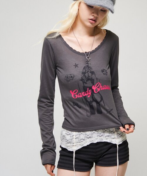 WHO'S WHO gallery(フーズフーギャラリー)の「シャーロットシアーヘンリー(Tシャツ/カットソー・レディース・パープル/チャコールグレー/ピンク/イエロー・FREE)」の6枚目の写真