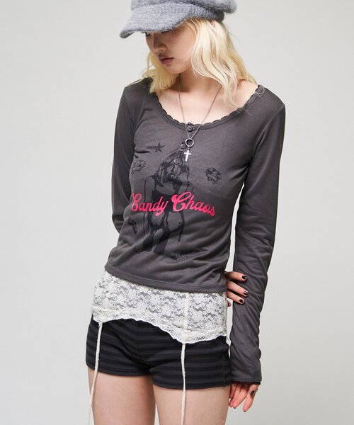 WHO'S WHO gallery(フーズフーギャラリー)の「シャーロットシアーヘンリー(Tシャツ/カットソー・レディース・パープル/チャコールグレー/ピンク/イエロー・FREE)」の7枚目の写真