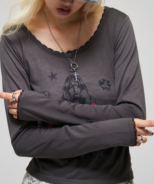 WHO'S WHO gallery(フーズフーギャラリー)の「シャーロットシアーヘンリー(Tシャツ/カットソー・レディース・パープル/チャコールグレー/ピンク/イエロー・FREE)」の8枚目の写真