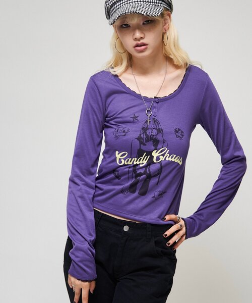 WHO'S WHO gallery(フーズフーギャラリー)の「シャーロットシアーヘンリー(Tシャツ/カットソー・レディース・パープル/チャコールグレー/ピンク/イエロー・FREE)」の11枚目の写真