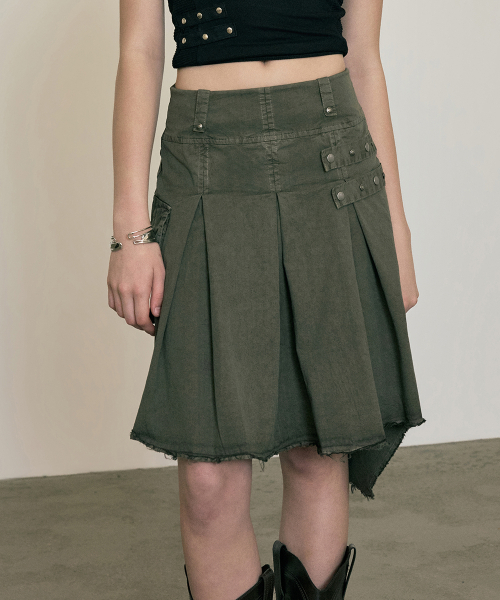 NO EXTRA TOUCH(ノー・エクストラ・タッチ)の「Dyed Snap Stud Midi Skirt (Khaki) / 26SMSK001KH(スカート・レディース・カーキ・SMALL/MEDIUM/X-SMALL)」の1枚目の写真