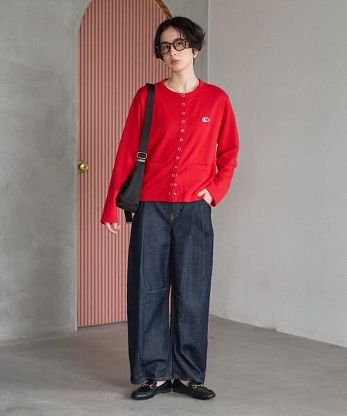 FREAK'S STORE(フリークスストア)の「FRUIT OF THE LOOM×FREAK'S STORE/フルーツオブザルーム 別注 スナップカーディガン/リングドットカーディガン/スウェットカーディガン(カーディガン/ボレロ・レディース・グリーン/レッド/ブラック・フリ-)」の4枚目の写真