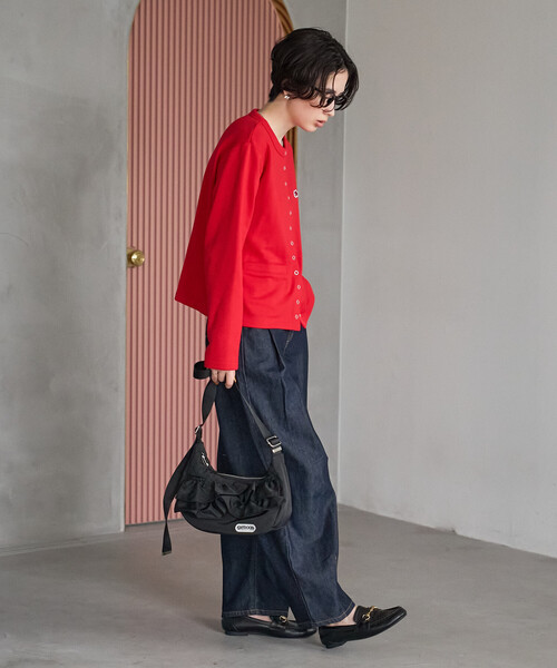 FREAK'S STORE(フリークスストア)の「FRUIT OF THE LOOM×FREAK'S STORE/フルーツオブザルーム 別注 スナップカーディガン/リングドットカーディガン/スウェットカーディガン(カーディガン/ボレロ・レディース・グリーン/レッド/ブラック・フリ-)」の6枚目の写真