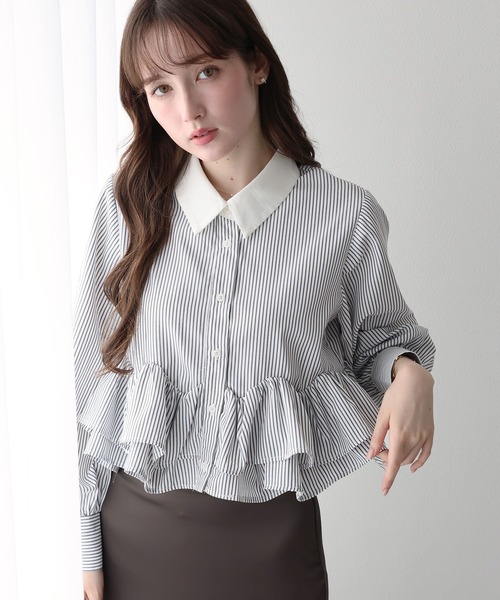BLUEEAST(ブルーイースト)の「フリルヘムロングスリーブブラウス(シャツ/ブラウス・レディース・ブラック系/ブルー/ベージュ系・MEDIUM)」の2枚目の写真