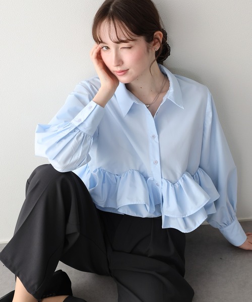 BLUEEAST(ブルーイースト)の「フリルヘムロングスリーブブラウス(シャツ/ブラウス・レディース・ブラック系/ブルー/ベージュ系・MEDIUM)」の11枚目の写真