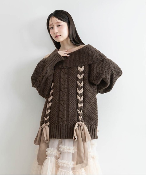RANDA(ランダ)の「【Classical Ribbon Collection】【選べる丈感】リボンケーブルオフショルダーニット(ニット/セーター・レディース・ホワイト/ピンク/ブラウン・FT/FREE)」の13枚目の写真