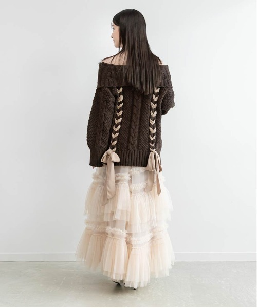 RANDA(ランダ)の「【Classical Ribbon Collection】【選べる丈感】リボンケーブルオフショルダーニット(ニット/セーター・レディース・ホワイト/ピンク/ブラウン・FT/FREE)」の18枚目の写真