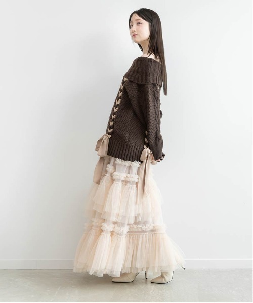 RANDA(ランダ)の「【Classical Ribbon Collection】【選べる丈感】リボンケーブルオフショルダーニット(ニット/セーター・レディース・ホワイト/ピンク/ブラウン・FT/FREE)」の17枚目の写真