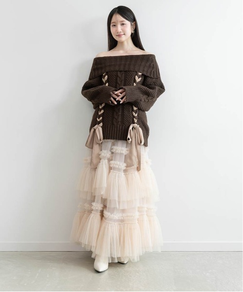 RANDA(ランダ)の「【Classical Ribbon Collection】【選べる丈感】リボンケーブルオフショルダーニット(ニット/セーター・レディース・ホワイト/ピンク/ブラウン・FT/FREE)」の16枚目の写真