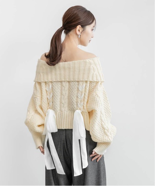 RANDA(ランダ)の「【Classical Ribbon Collection】【選べる丈感】リボンケーブルオフショルダーニット(ニット/セーター・レディース・ホワイト/ピンク/ブラウン・FT/FREE)」の11枚目の写真
