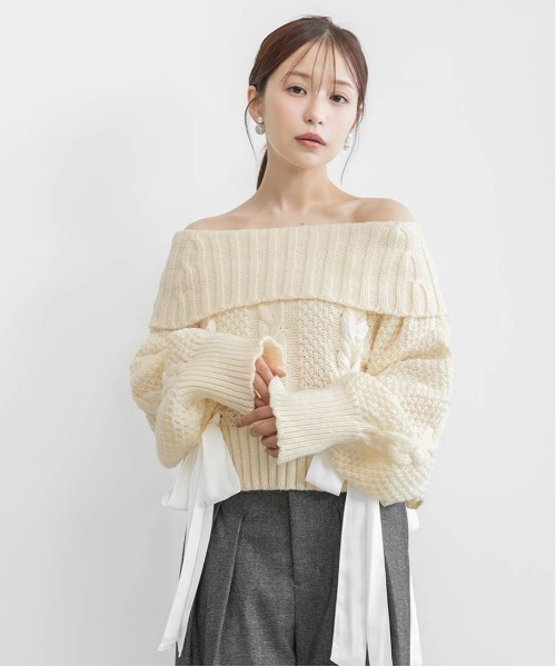 RANDA(ランダ)の「【Classical Ribbon Collection】【選べる丈感】リボンケーブルオフショルダーニット(ニット/セーター・レディース・ホワイト/ピンク/ブラウン・FT/FREE)」の8枚目の写真