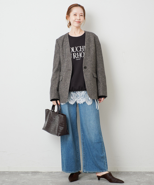 SLOBE IENA(スローブイエナ)の「セミツイードノーカラージャケット(ノーカラージャケット・レディース・ベージュ/ブラック・FREE)」の3枚目の写真