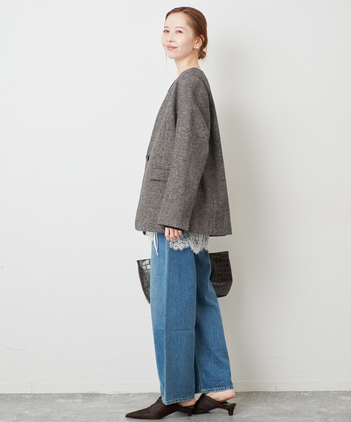 SLOBE IENA(スローブイエナ)の「セミツイードノーカラージャケット(ノーカラージャケット・レディース・ベージュ/ブラック・FREE)」の5枚目の写真