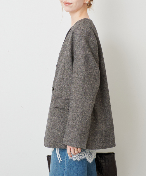 SLOBE IENA(スローブイエナ)の「セミツイードノーカラージャケット(ノーカラージャケット・レディース・ベージュ/ブラック・FREE)」の9枚目の写真