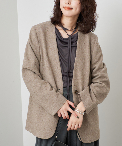 SLOBE IENA(スローブイエナ)の「セミツイードノーカラージャケット(ノーカラージャケット・レディース・ベージュ/ブラック・FREE)」の15枚目の写真