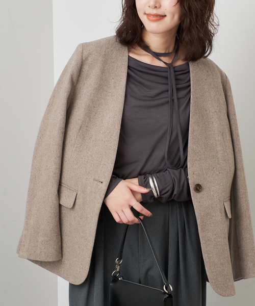 SLOBE IENA(スローブイエナ)の「セミツイードノーカラージャケット(ノーカラージャケット・レディース・ベージュ/ブラック・FREE)」の16枚目の写真
