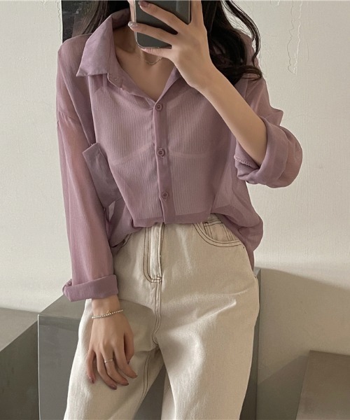 KOR(ケーオーアール)の「ゆるふぁシースルーシャツ(シャツ/ブラウス・レディース・ホワイト/チャコールグレー/ライトグレー/ブラウン/カーキ/ラベンダー/ピンク/シャンパン・FREE)」の6枚目の写真