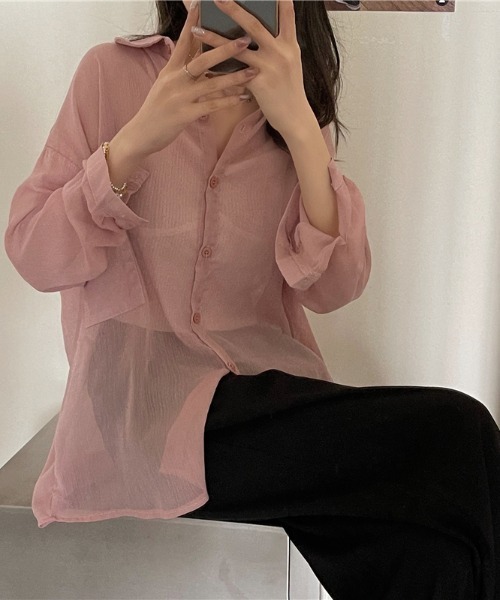 KOR(ケーオーアール)の「ゆるふぁシースルーシャツ(シャツ/ブラウス・レディース・ホワイト/チャコールグレー/ライトグレー/ブラウン/カーキ/ラベンダー/ピンク/シャンパン・FREE)」の7枚目の写真