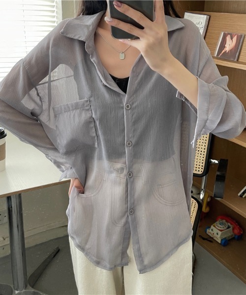 KOR(ケーオーアール)の「ゆるふぁシースルーシャツ(シャツ/ブラウス・レディース・ホワイト/チャコールグレー/ライトグレー/ブラウン/カーキ/ラベンダー/ピンク/シャンパン・FREE)」の3枚目の写真