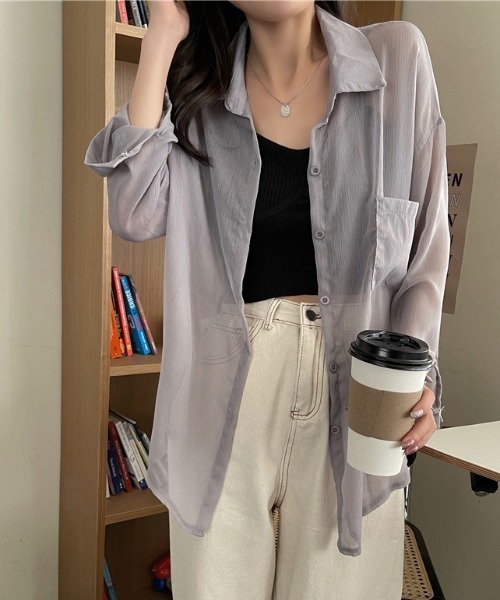 KOR(ケーオーアール)の「ゆるふぁシースルーシャツ(シャツ/ブラウス・レディース・ホワイト/チャコールグレー/ライトグレー/ブラウン/カーキ/ラベンダー/ピンク/シャンパン・FREE)」の9枚目の写真