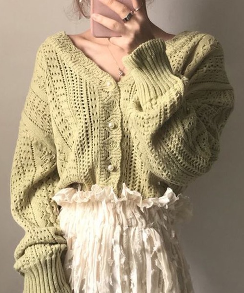 Girly Doll(ガーリードール)の「クロシェ編みカーディガン(カーディガン/ボレロ・レディース・グリーン/ホワイト/レッド/ブラック・FREE)」の1枚目の写真