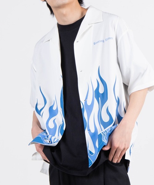 WEGO(ウィゴー)の「WEGO/ファイヤーパターンビックシルエット5分袖シャツ(シャツ/ブラウス・メンズ・ブラック/ホワイト・MEDIUM/LARGE)」の1枚目の写真