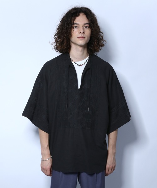 HARE（ハレ）の「ジャガードカフタンシャツ(HARE)（シャツ/ブラウス・メンズ・ブラック/イエロー・FREE）」の4枚目の写真