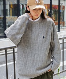 U.S. POLO ASSN. /ユーエスポロアッスン 別注 ワンポイントロゴ刺繍 畦編み ビックシルエット クルーネックプルオーバーニット