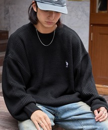 U.S. POLO ASSN. /ユーエスポロアッスン 別注 ワンポイントロゴ刺繍 畦編み ビックシルエット クルーネックプルオーバーニット