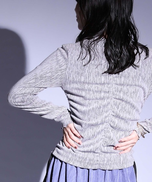 セール】ハイネック脇ギャザーランダムテレコリブトップス（T