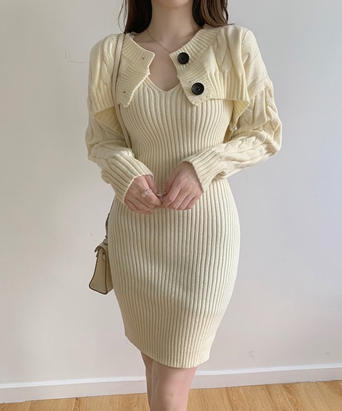 Jewelobe(ジュエローブ)の「ケーブルショートボレロ&タイトミニワンピースニットアップ(ワンピース・レディース・杢グレー/ブラック/オフホワイト/ブラウン・FREE)」の2枚目の写真