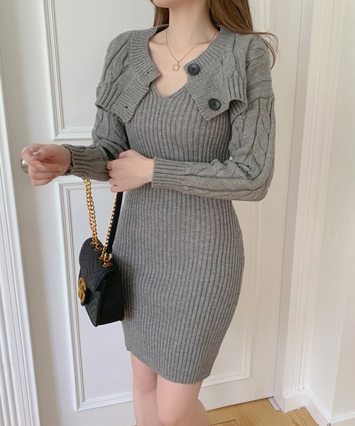Jewelobe(ジュエローブ)の「ケーブルショートボレロ&タイトミニワンピースニットアップ(ワンピース・レディース・杢グレー/ブラック/オフホワイト/ブラウン・FREE)」の15枚目の写真