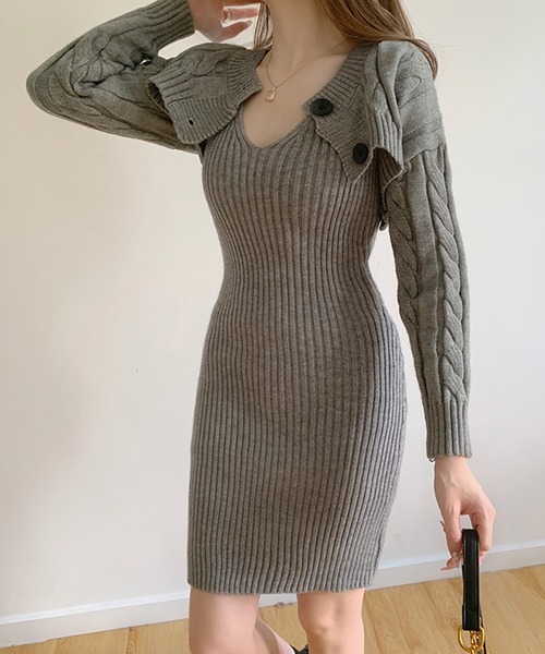 Jewelobe(ジュエローブ)の「ケーブルショートボレロ&タイトミニワンピースニットアップ(ワンピース・レディース・杢グレー/ブラック/オフホワイト/ブラウン・FREE)」の5枚目の写真